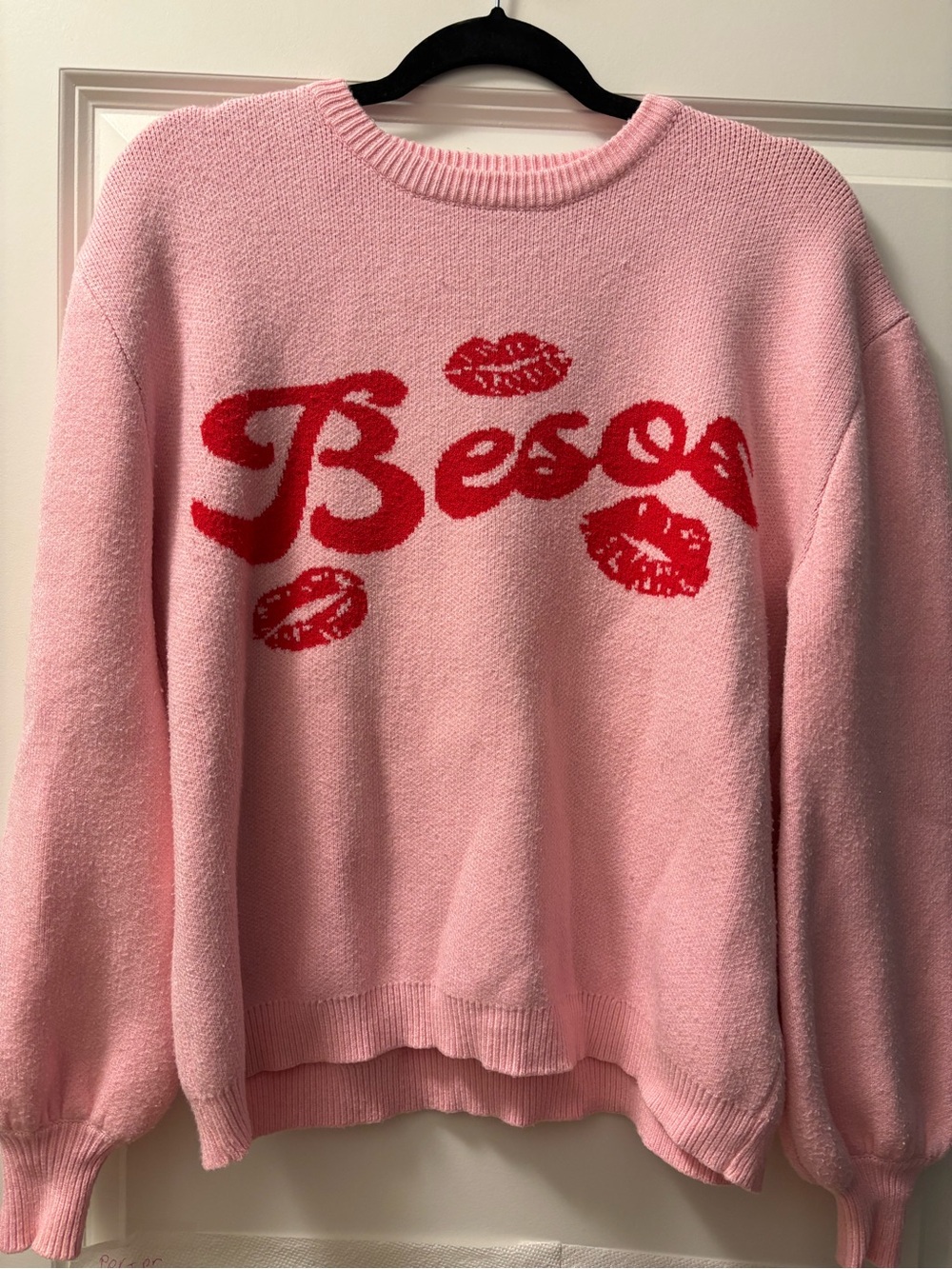 Pink Crewneck Sweater with Red 'Besos' Graphic by Dee Eloy